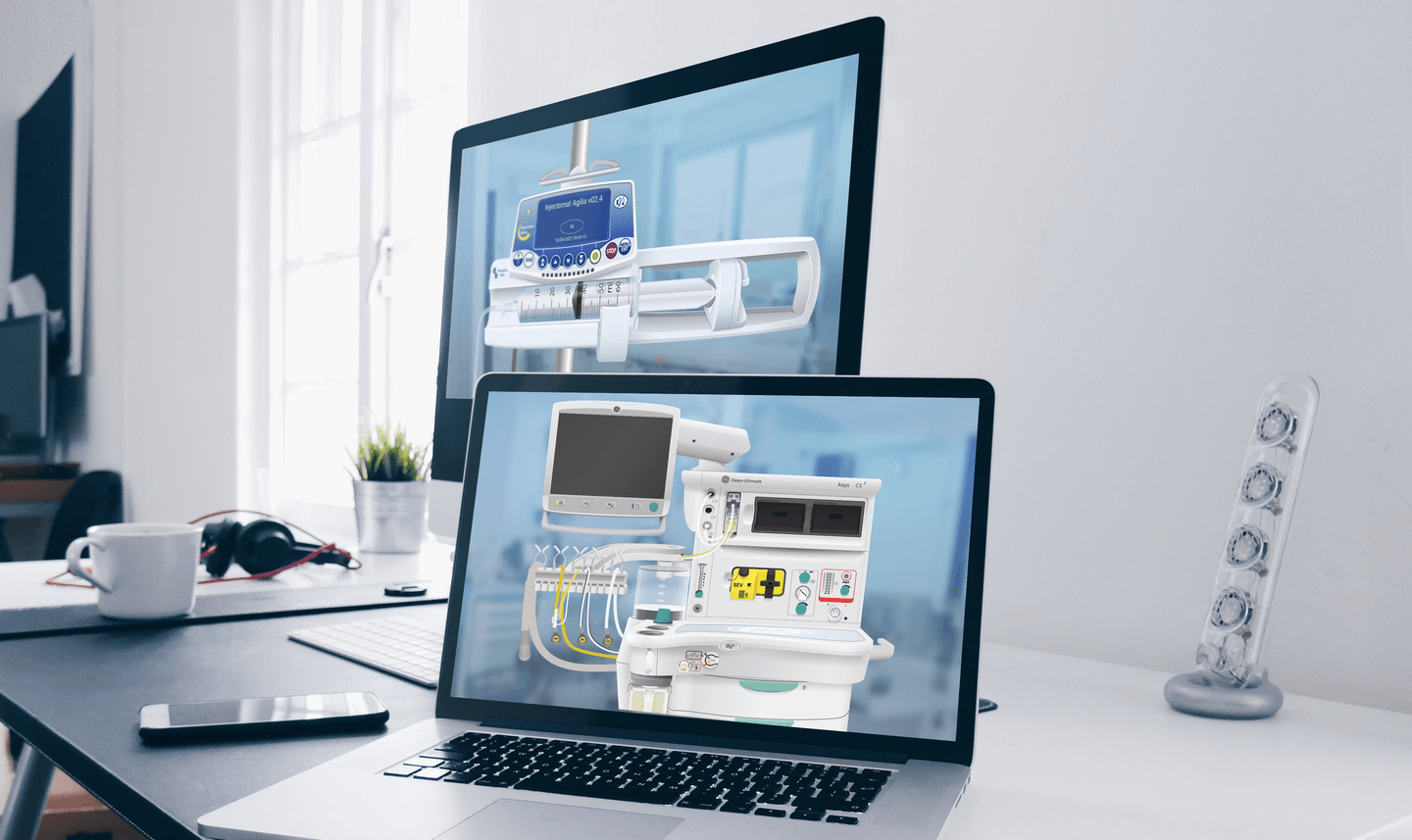 Monitor and laptop displaying LeQuest medical device simulations