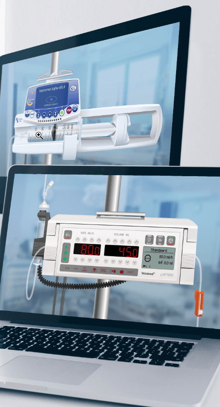 Monitor and laptop showing LeQuest simulations of a syringe pump and a volumetric infusion pump