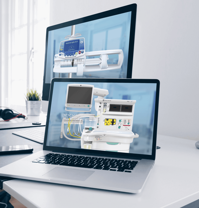 Desktop and laptop screens showing LeQuest digital-twin simulations of a syringe pump and an anesthesia machine